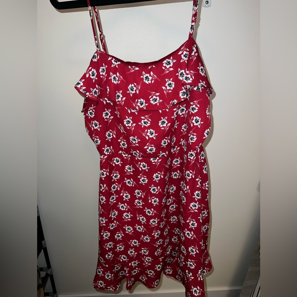 Red dress with black & white floral pattern, flowy, size medium